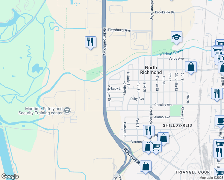 map of restaurants, bars, coffee shops, grocery stores, and more near 174 Lucy Lane in Richmond