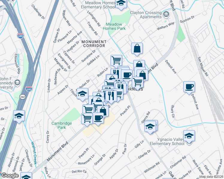 map of restaurants, bars, coffee shops, grocery stores, and more near 1803 Monument Boulevard in Concord