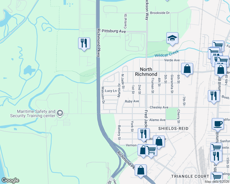 map of restaurants, bars, coffee shops, grocery stores, and more near 124 Reid Lane in Richmond