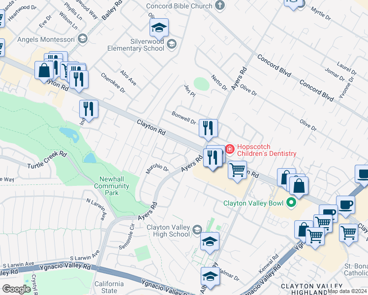 map of restaurants, bars, coffee shops, grocery stores, and more near 5065 Valley Crest Drive in Concord