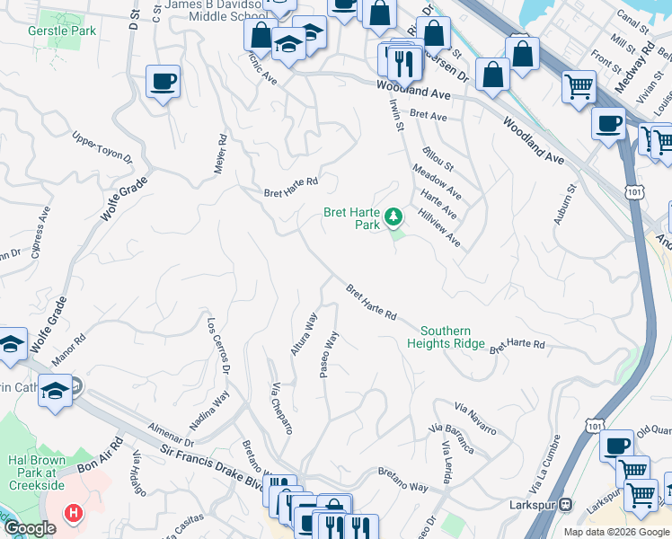 map of restaurants, bars, coffee shops, grocery stores, and more near 200 Bret Harte Road in San Rafael
