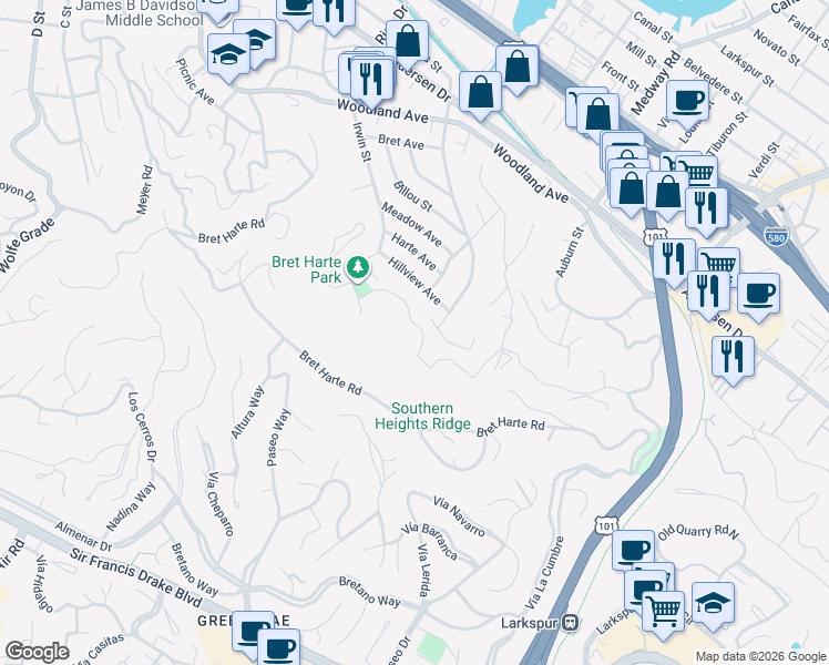 map of restaurants, bars, coffee shops, grocery stores, and more near 129 Irwin Street in San Rafael