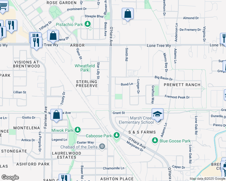 map of restaurants, bars, coffee shops, grocery stores, and more near 2189 Wayne Drive in Brentwood