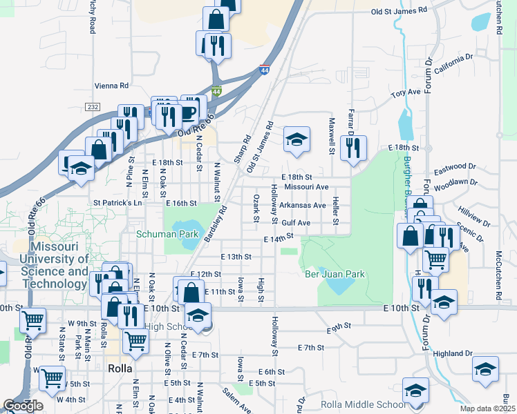 map of restaurants, bars, coffee shops, grocery stores, and more near 1512 Ozark Street in Rolla
