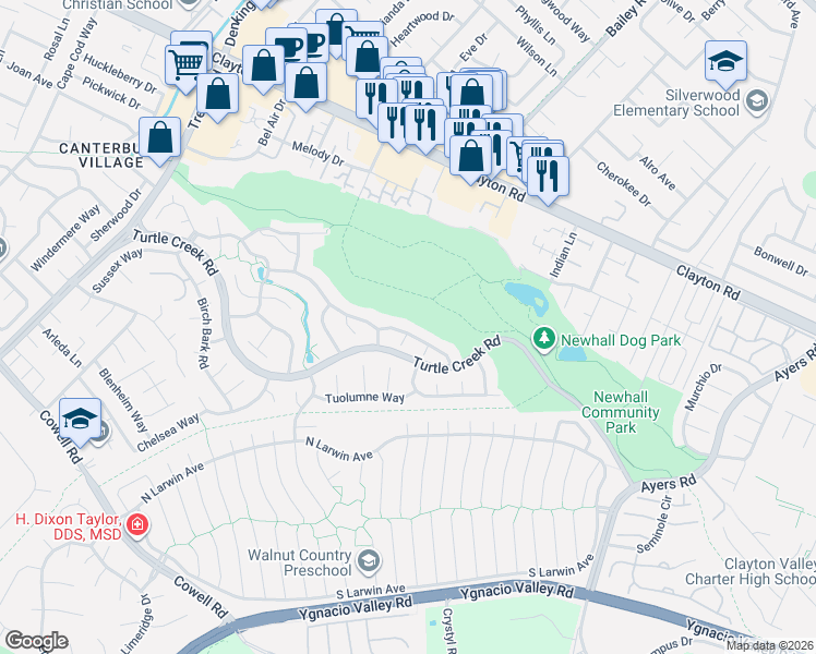 map of restaurants, bars, coffee shops, grocery stores, and more near 4565 Wildcat Lane in Concord