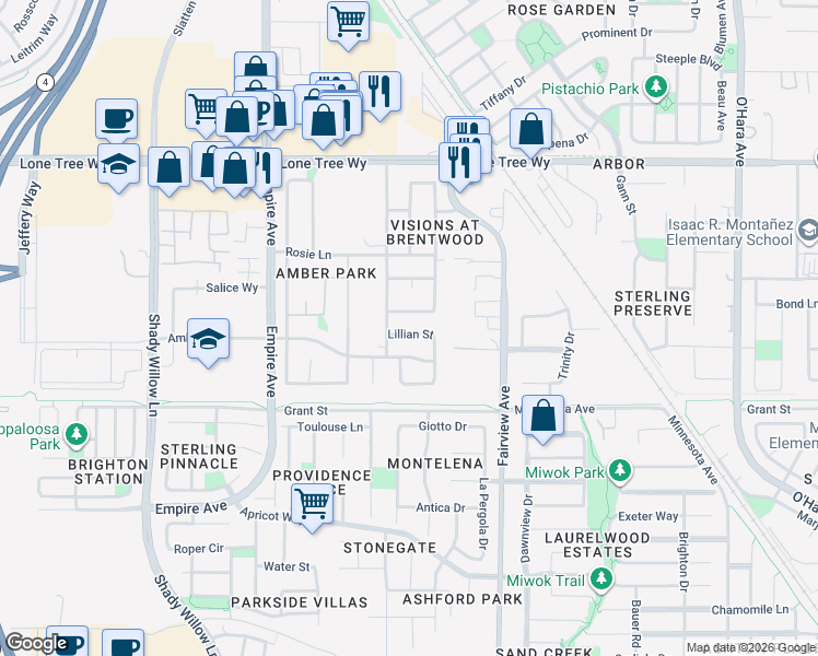 map of restaurants, bars, coffee shops, grocery stores, and more near 1640 Lillian Street in Brentwood