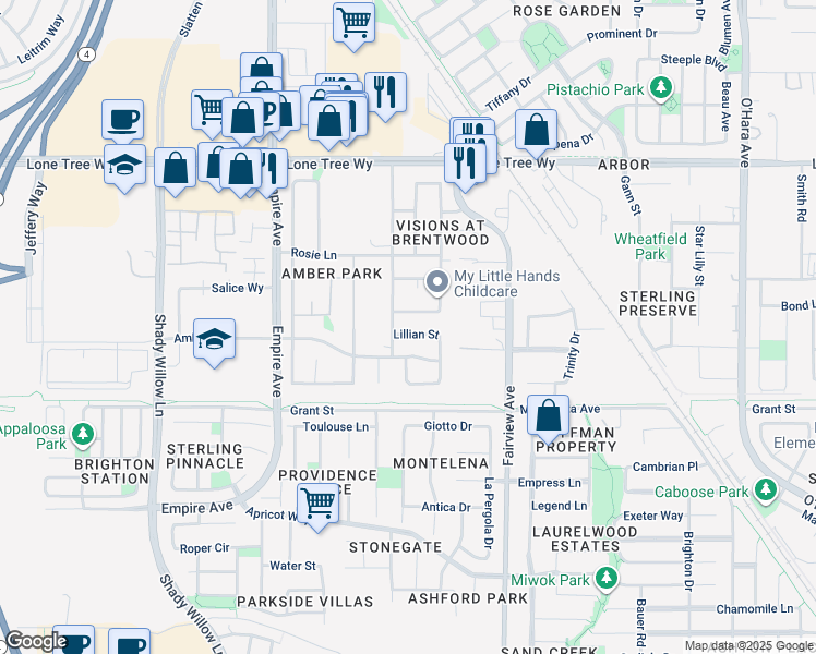 map of restaurants, bars, coffee shops, grocery stores, and more near 1653 Lillian Street in Brentwood