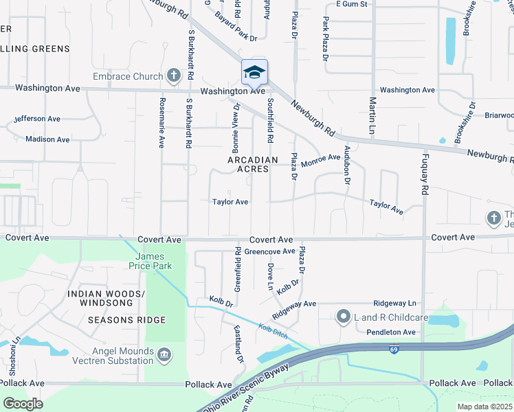 map of restaurants, bars, coffee shops, grocery stores, and more near 1500 Greenfield Road in Evansville