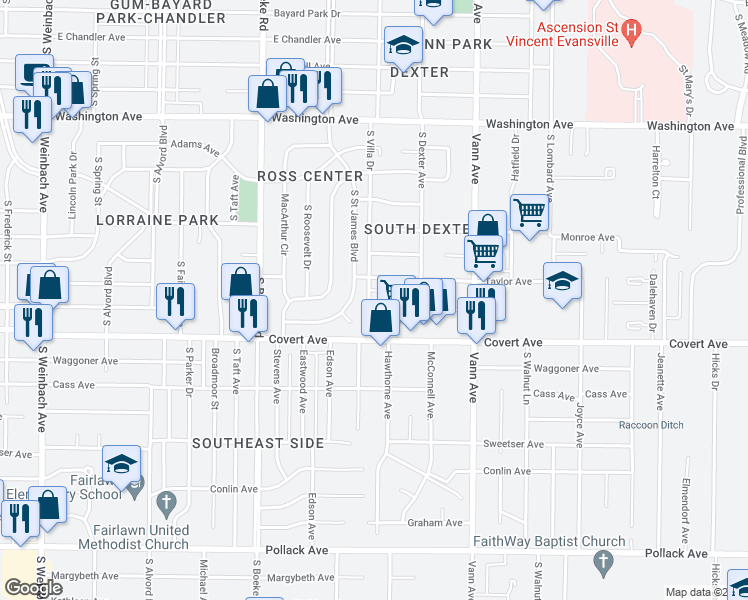 map of restaurants, bars, coffee shops, grocery stores, and more near 2802 Ravenswood Drive in Evansville