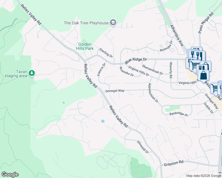map of restaurants, bars, coffee shops, grocery stores, and more near 444 Donegal Way in Lafayette