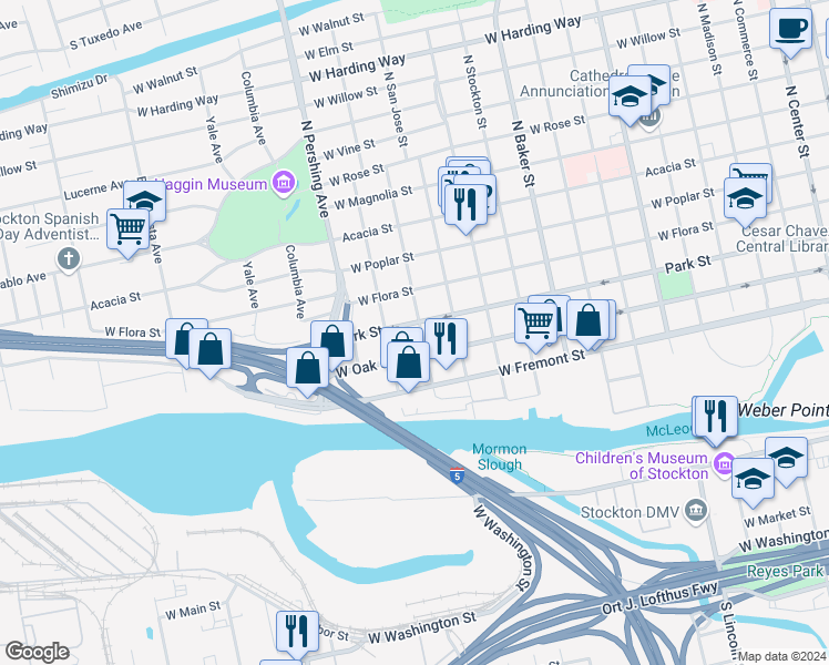 map of restaurants, bars, coffee shops, grocery stores, and more near 635 Argonaut Street in Stockton