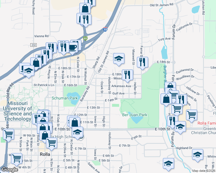 map of restaurants, bars, coffee shops, grocery stores, and more near 1515 Holloway Street in Rolla