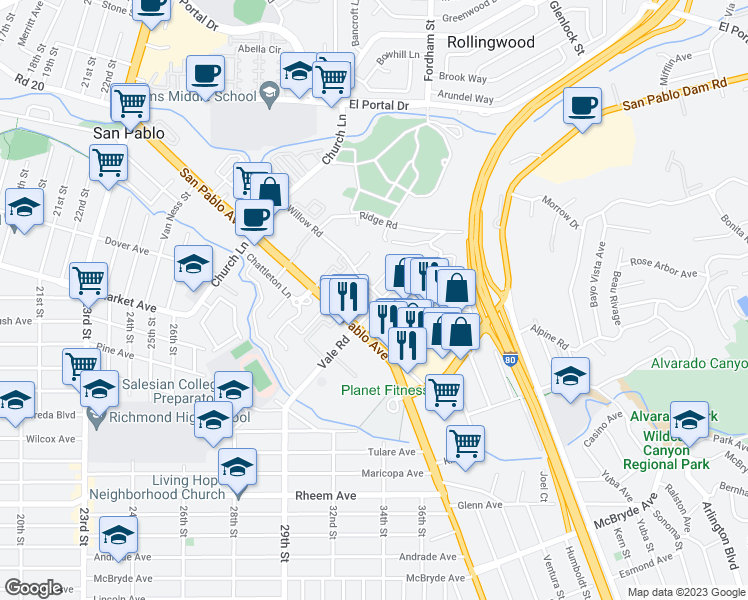 map of restaurants, bars, coffee shops, grocery stores, and more near 5 Las Moradas Circle in San Pablo