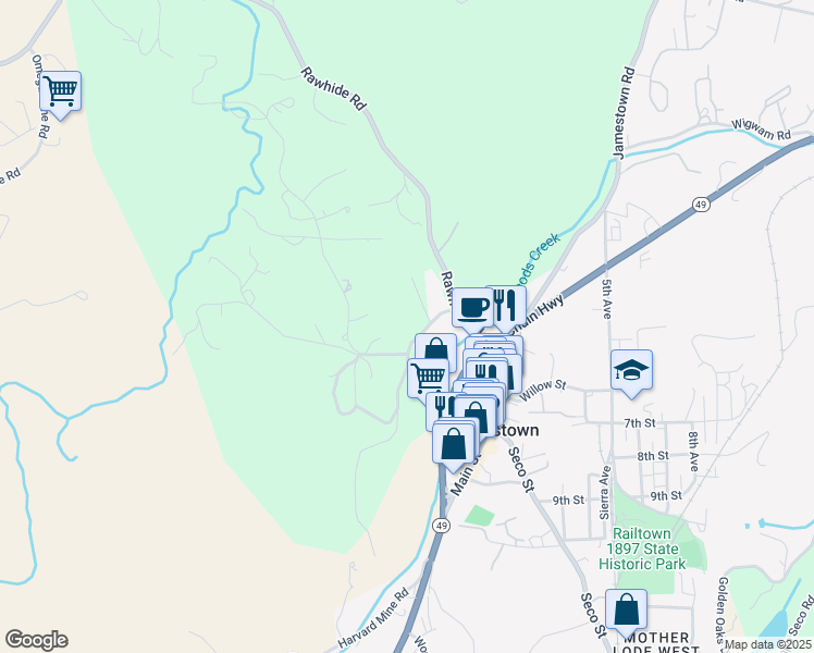 map of restaurants, bars, coffee shops, grocery stores, and more near 10148-10174 Pulpit Rock Road in Jamestown