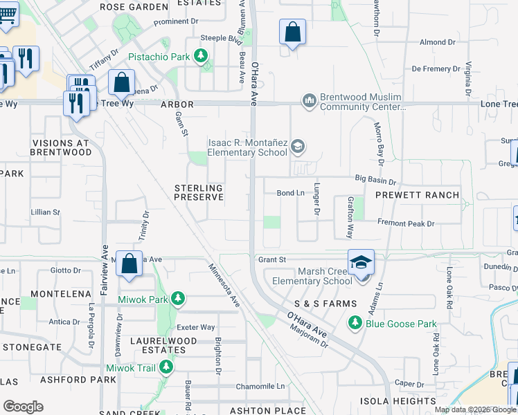 map of restaurants, bars, coffee shops, grocery stores, and more near 2189 Wayne Drive in Brentwood