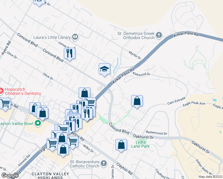 map of restaurants, bars, coffee shops, grocery stores, and more near 5425 Concord Boulevard in Concord