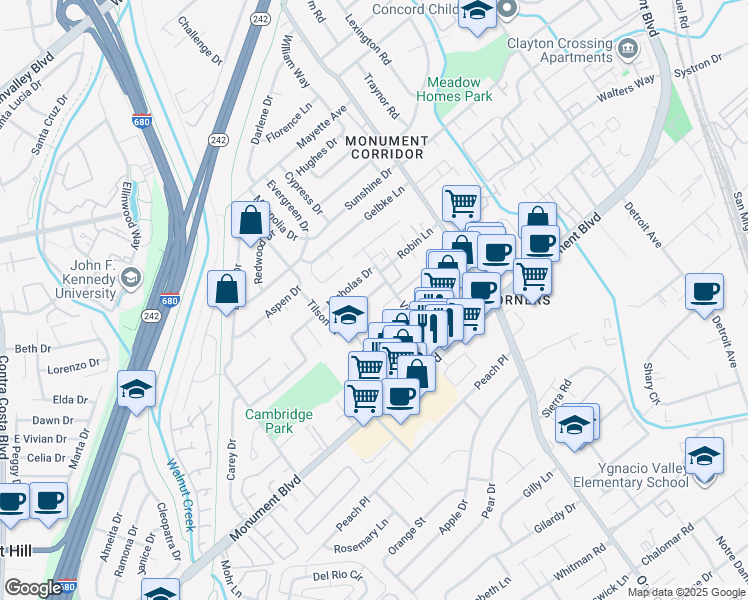 map of restaurants, bars, coffee shops, grocery stores, and more near 1660 Jenkinson Drive in Concord