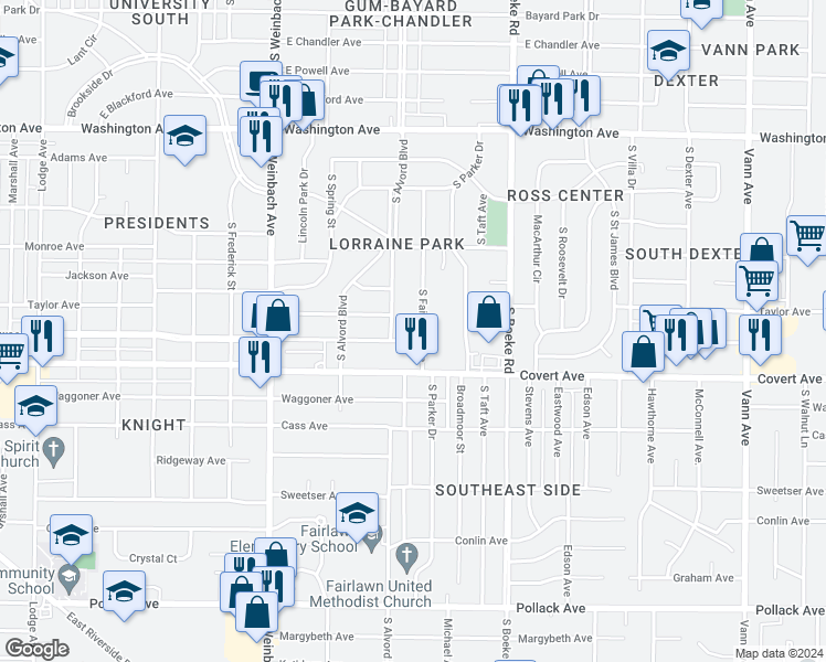 map of restaurants, bars, coffee shops, grocery stores, and more near 2208 Ravenswood Drive in Evansville