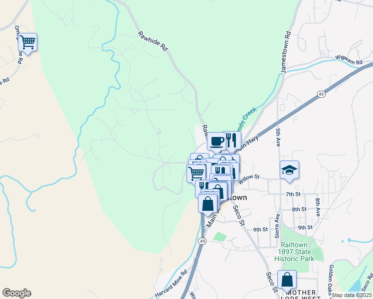map of restaurants, bars, coffee shops, grocery stores, and more near 10148-10174 Pulpit Rock Road in Jamestown
