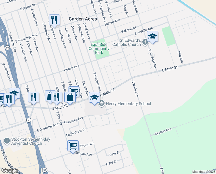 map of restaurants, bars, coffee shops, grocery stores, and more near 4833 East Main Street in Stockton