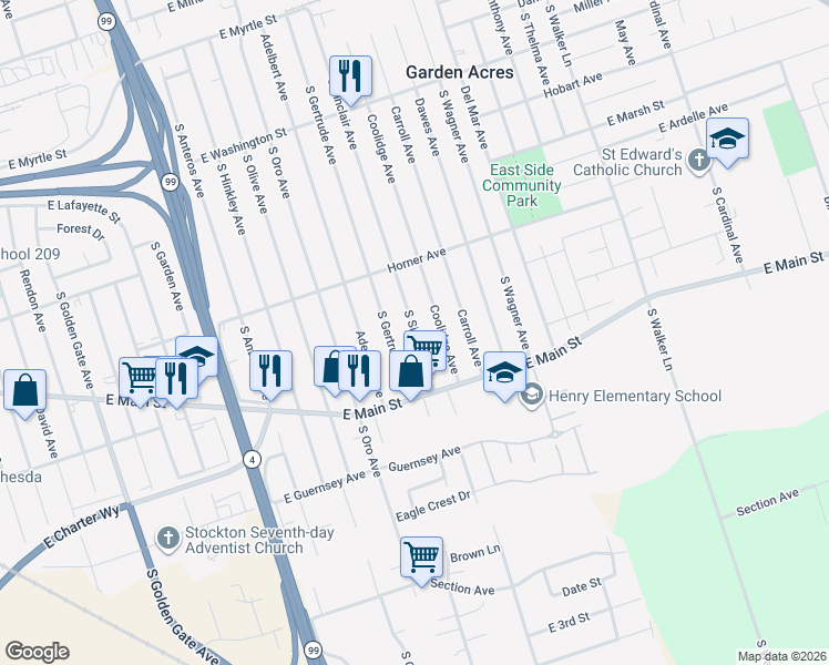 map of restaurants, bars, coffee shops, grocery stores, and more near 952 South Sinclair Avenue in Stockton
