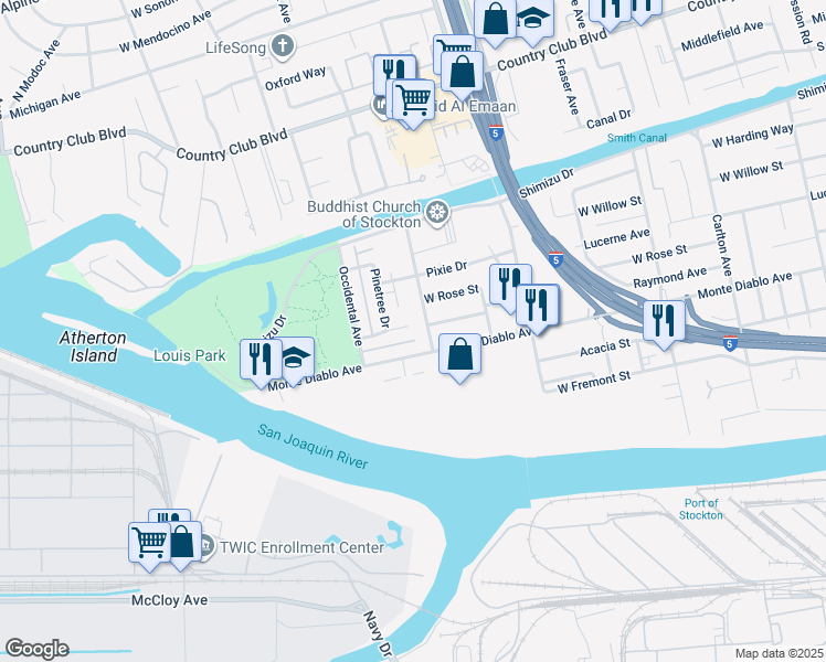 map of restaurants, bars, coffee shops, grocery stores, and more near 2915 Monte Diablo Avenue in Stockton