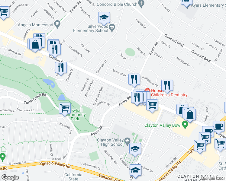 map of restaurants, bars, coffee shops, grocery stores, and more near 5075 Valley Crest Drive in Concord