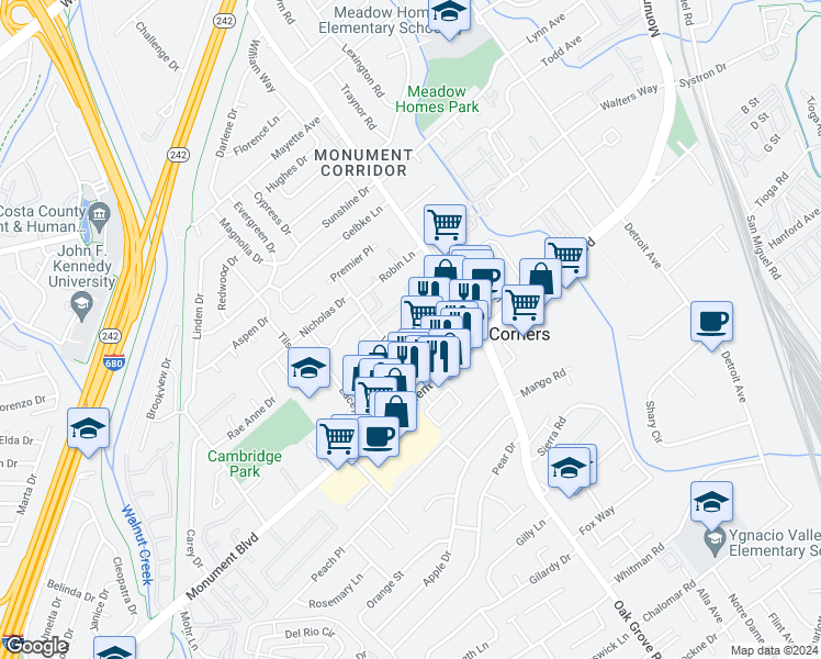 map of restaurants, bars, coffee shops, grocery stores, and more near 1803 Monument Boulevard in Concord
