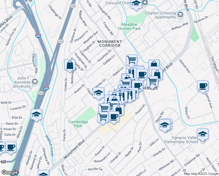 map of restaurants, bars, coffee shops, grocery stores, and more near 1127 Virginia Lane in Concord