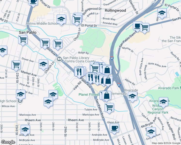 map of restaurants, bars, coffee shops, grocery stores, and more near 3111 Willow Road in San Pablo
