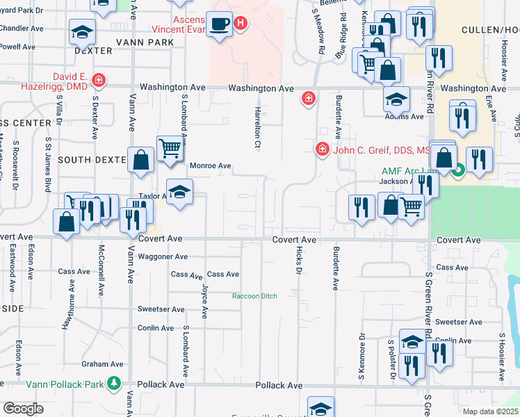 map of restaurants, bars, coffee shops, grocery stores, and more near 3812 Justus Court in Evansville
