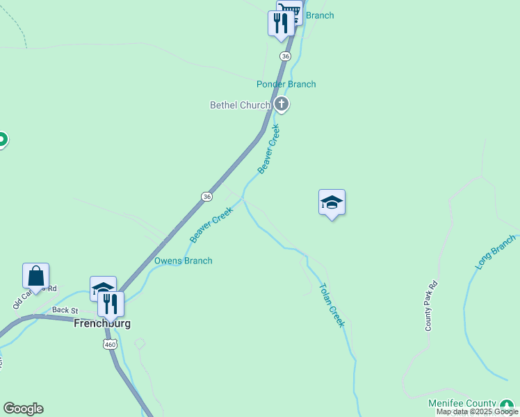 map of restaurants, bars, coffee shops, grocery stores, and more near 162 Tolan Branch Road in Frenchburg