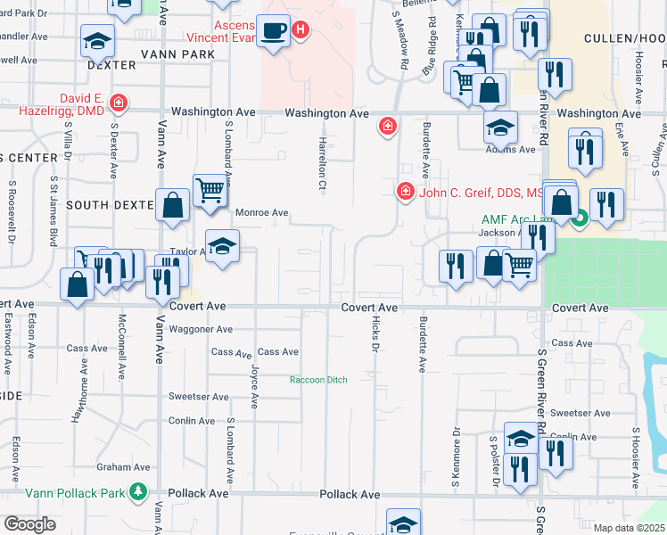 map of restaurants, bars, coffee shops, grocery stores, and more near 1422 Jeanette Avenue in Evansville