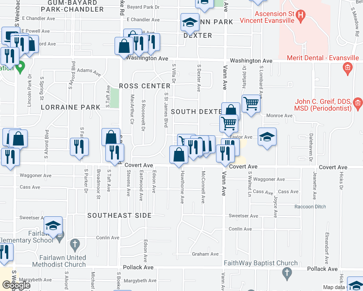 map of restaurants, bars, coffee shops, grocery stores, and more near 2840 Ravenswood Drive in Evansville