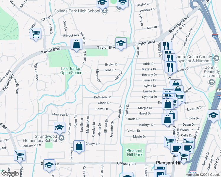map of restaurants, bars, coffee shops, grocery stores, and more near 1812 Donna Drive in Pleasant Hill
