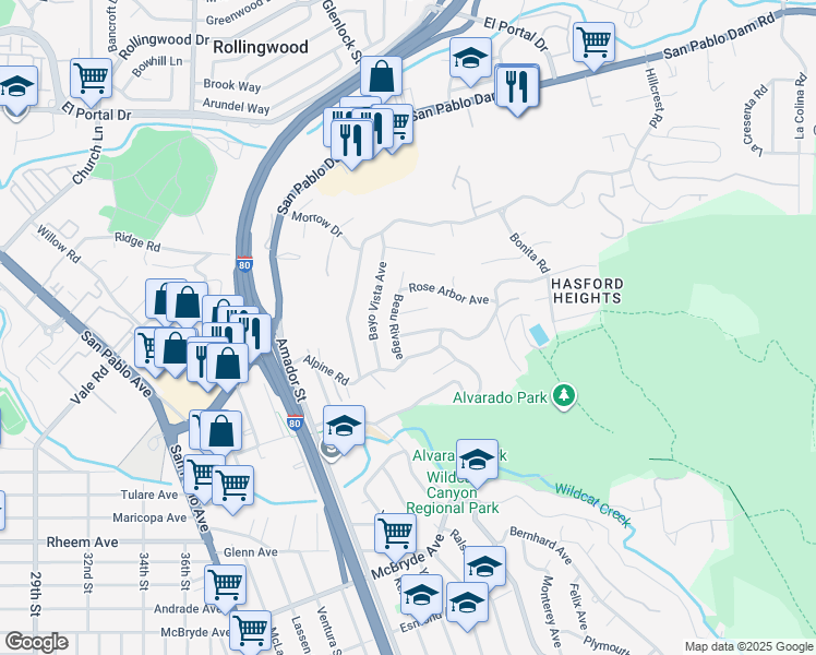 map of restaurants, bars, coffee shops, grocery stores, and more near 5917 Clement Avenue in San Pablo
