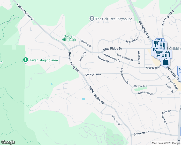 map of restaurants, bars, coffee shops, grocery stores, and more near 444 Donegal Way in Lafayette
