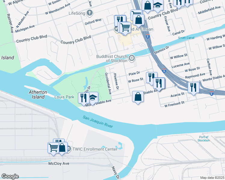 map of restaurants, bars, coffee shops, grocery stores, and more near 1204 Occidental Avenue in Stockton