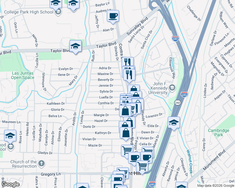 map of restaurants, bars, coffee shops, grocery stores, and more near 113 Luella Drive in Pleasant Hill