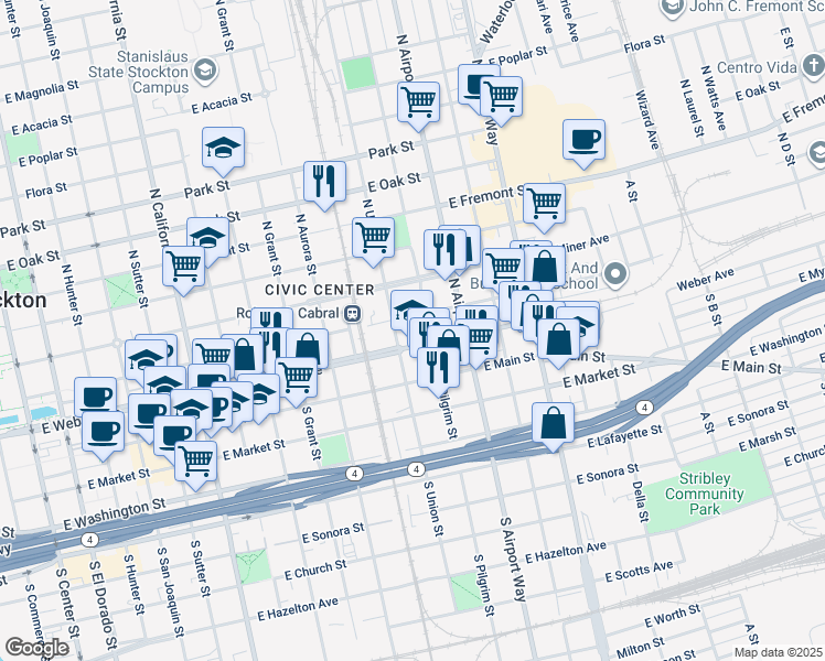 map of restaurants, bars, coffee shops, grocery stores, and more near 1141 East Weber Avenue in Stockton