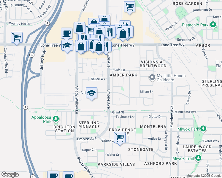 map of restaurants, bars, coffee shops, grocery stores, and more near 2249 Demartini Lane in Brentwood
