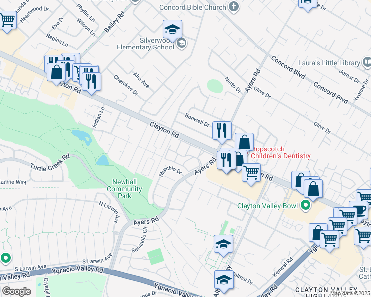 map of restaurants, bars, coffee shops, grocery stores, and more near 5075 Valley Crest Drive in Concord