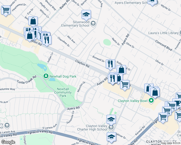 map of restaurants, bars, coffee shops, grocery stores, and more near 5030 Valley Crest Drive in Concord