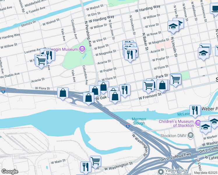 map of restaurants, bars, coffee shops, grocery stores, and more near 1300 West Park Street in Stockton