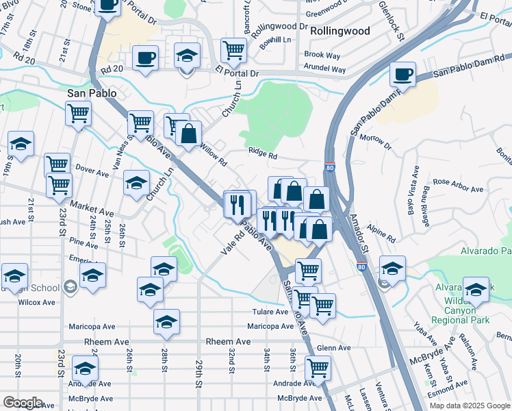 map of restaurants, bars, coffee shops, grocery stores, and more near 5 Las Moradas Circle in San Pablo