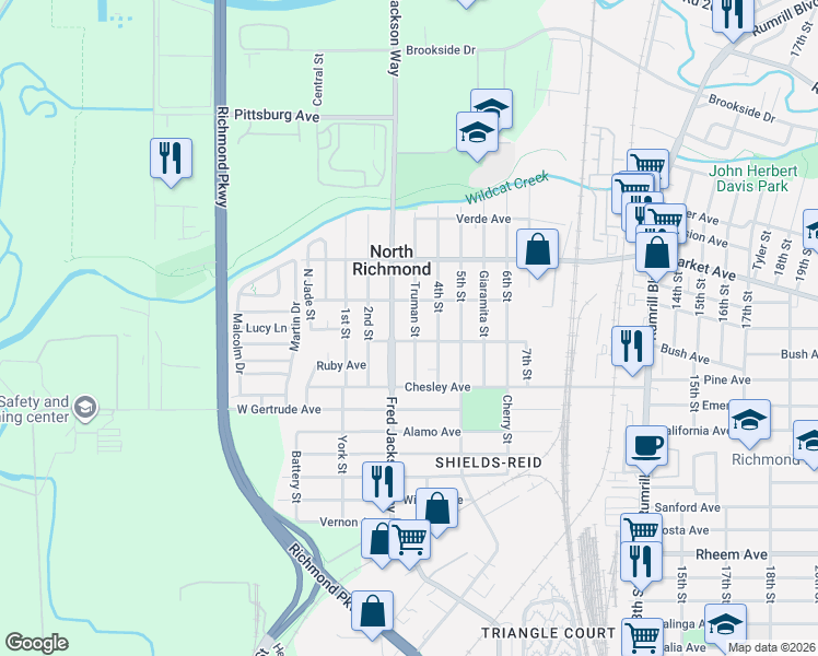 map of restaurants, bars, coffee shops, grocery stores, and more near 1623 Truman Street in Richmond