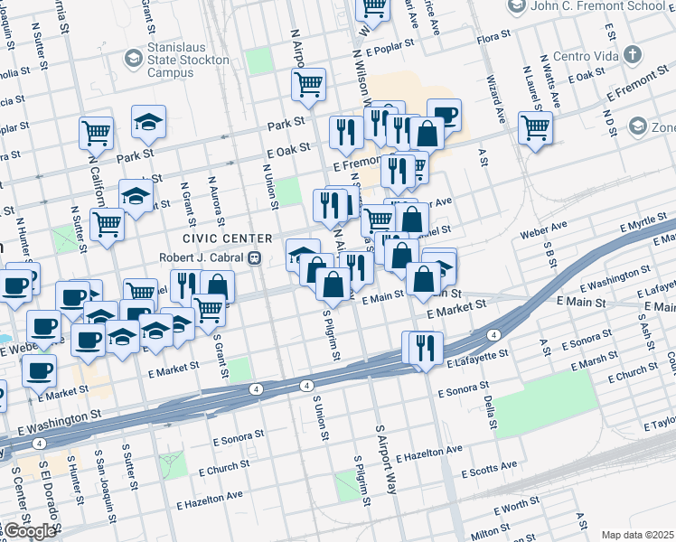 map of restaurants, bars, coffee shops, grocery stores, and more near 1228 East Weber Avenue in Stockton