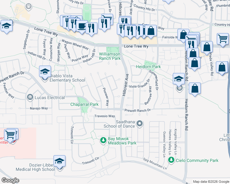 map of restaurants, bars, coffee shops, grocery stores, and more near 5152 Equestrian Way in Antioch