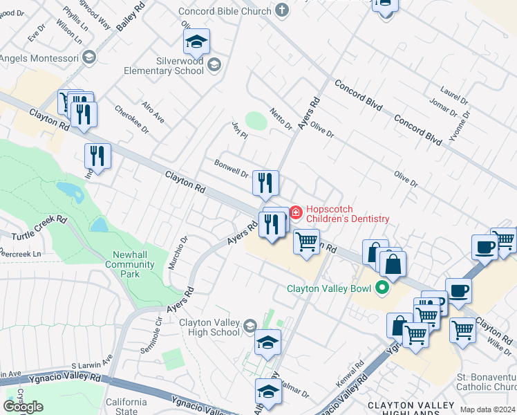 map of restaurants, bars, coffee shops, grocery stores, and more near 5095 Valley Crest Drive in Concord