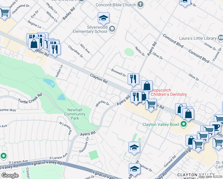 map of restaurants, bars, coffee shops, grocery stores, and more near 5075 Valley Crest Drive in Concord